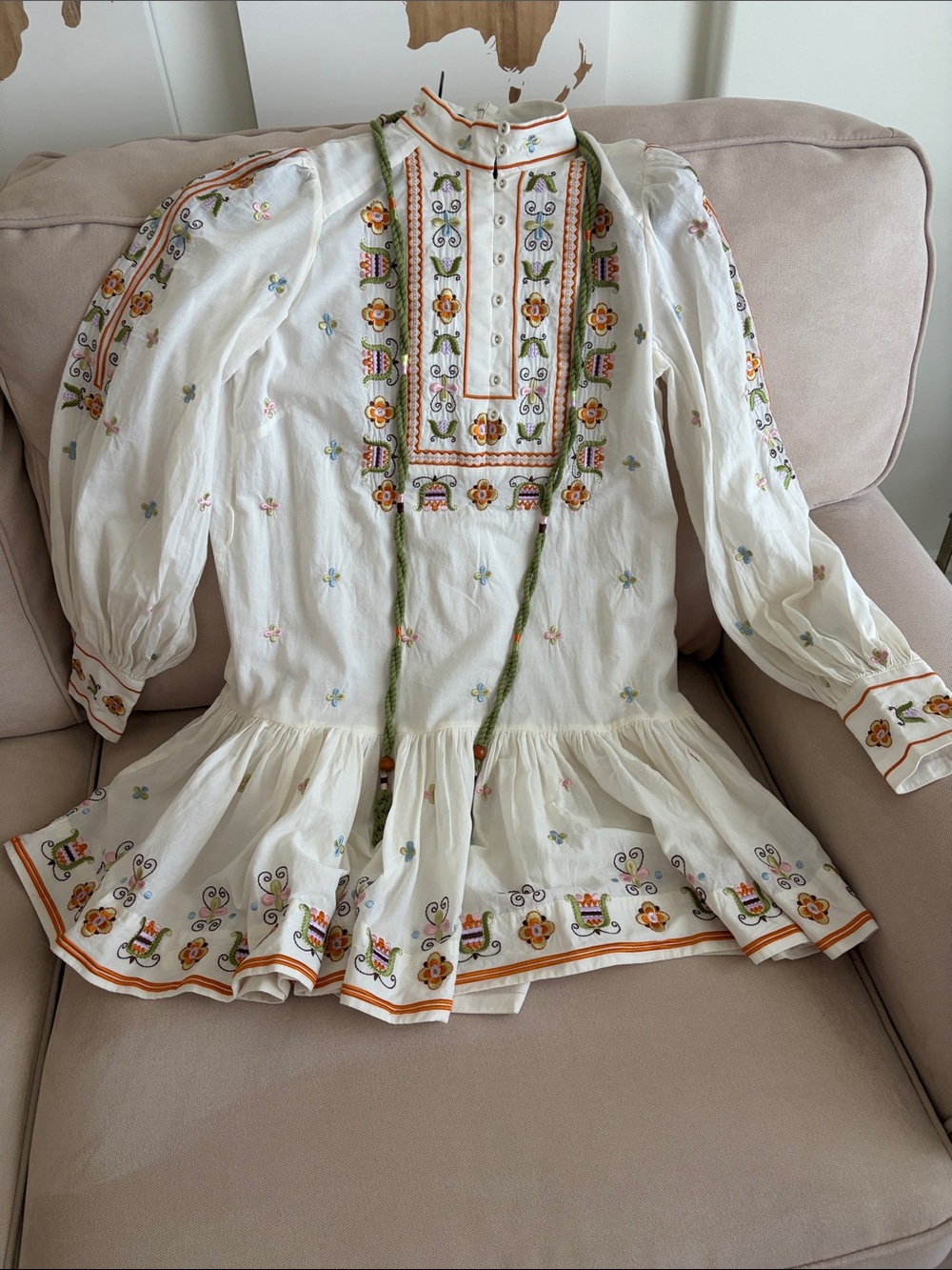 Alemais White Mini Dress with Orange and Green Embroidery